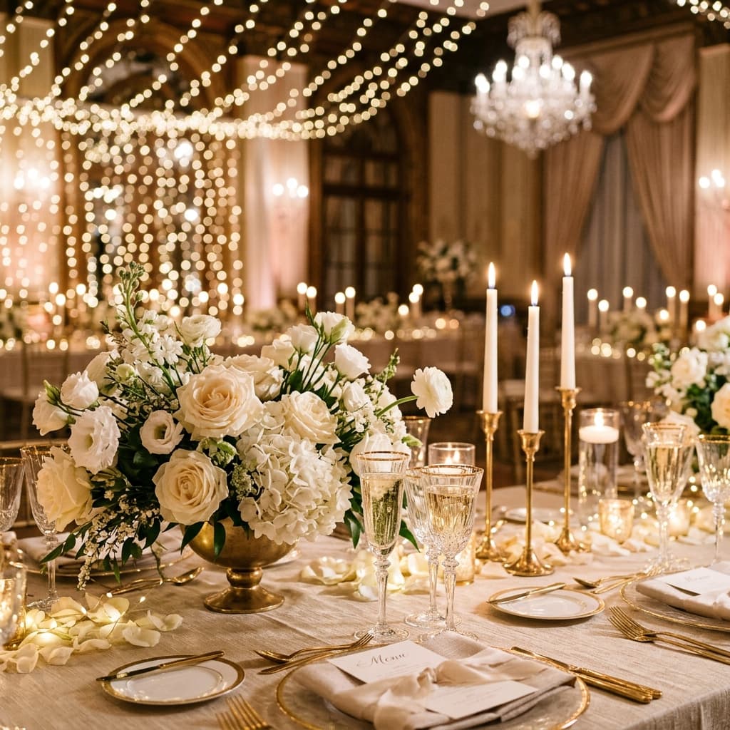 Mesa de recepção com flores brancas, velas e taças